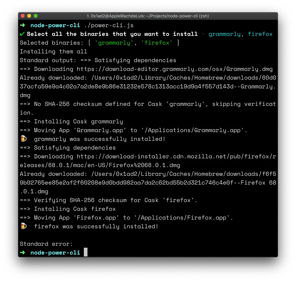 Terminal output of power-cli.js installing Grammarly and Firefox through Homebrew casks