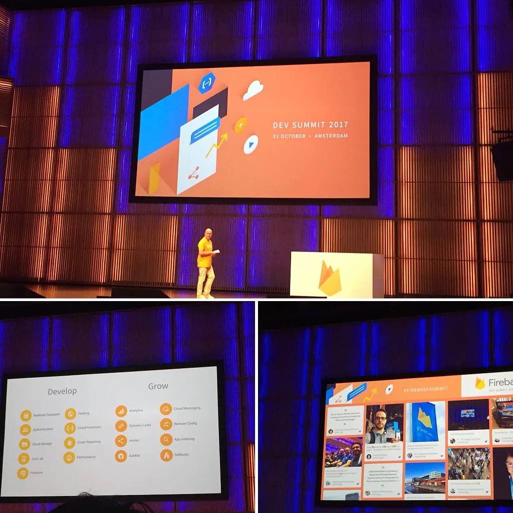 Collage of the keynote stage at Firebase Dev Summit 2017 and slides about building and growing apps