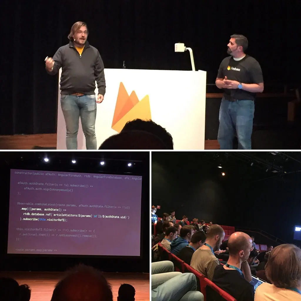 Collage of speakers on stage, a code slide and the audience at Firebase Dev Summit