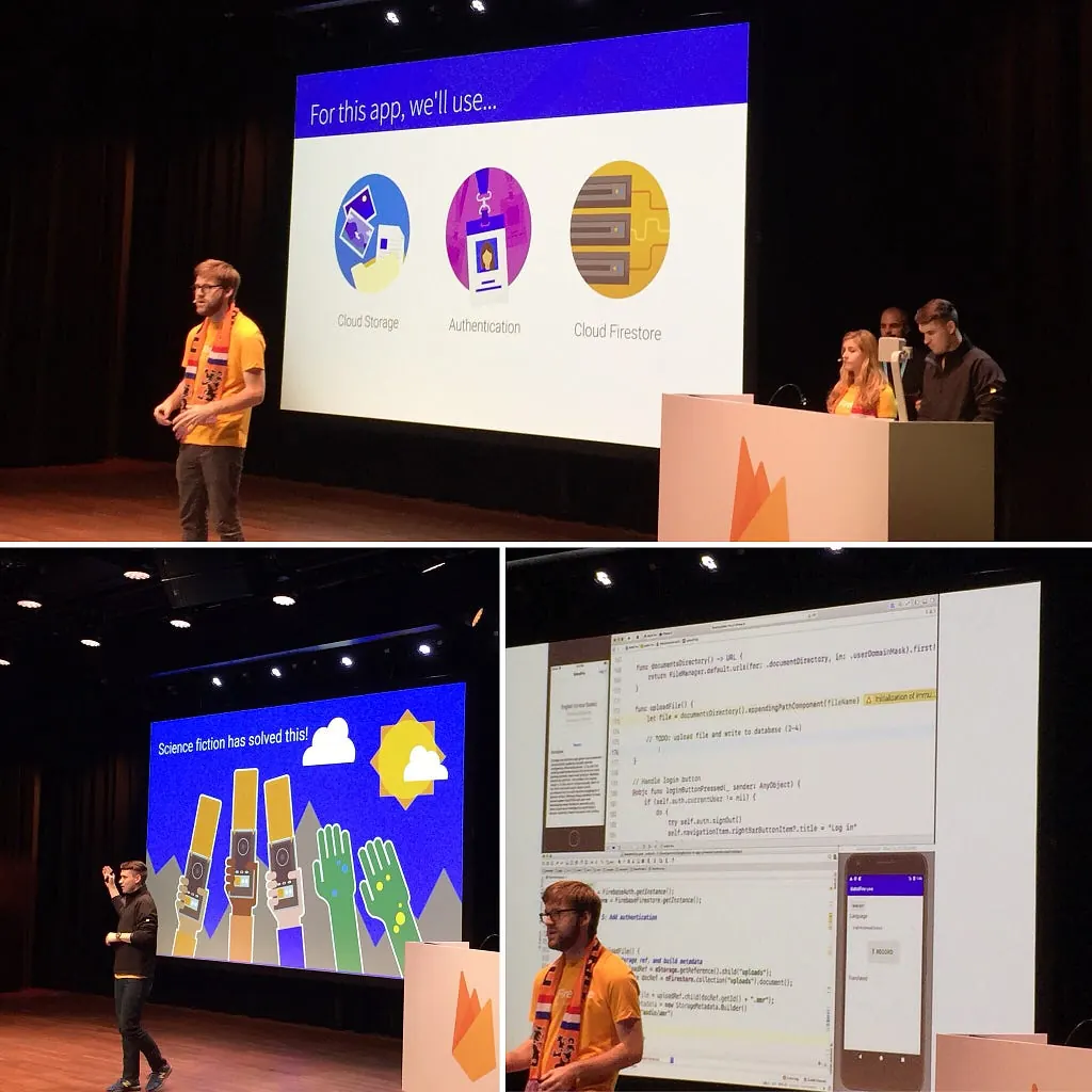 Collage of a talk building an app with Cloud Storage, Authentication and Cloud Firestore, including live coding