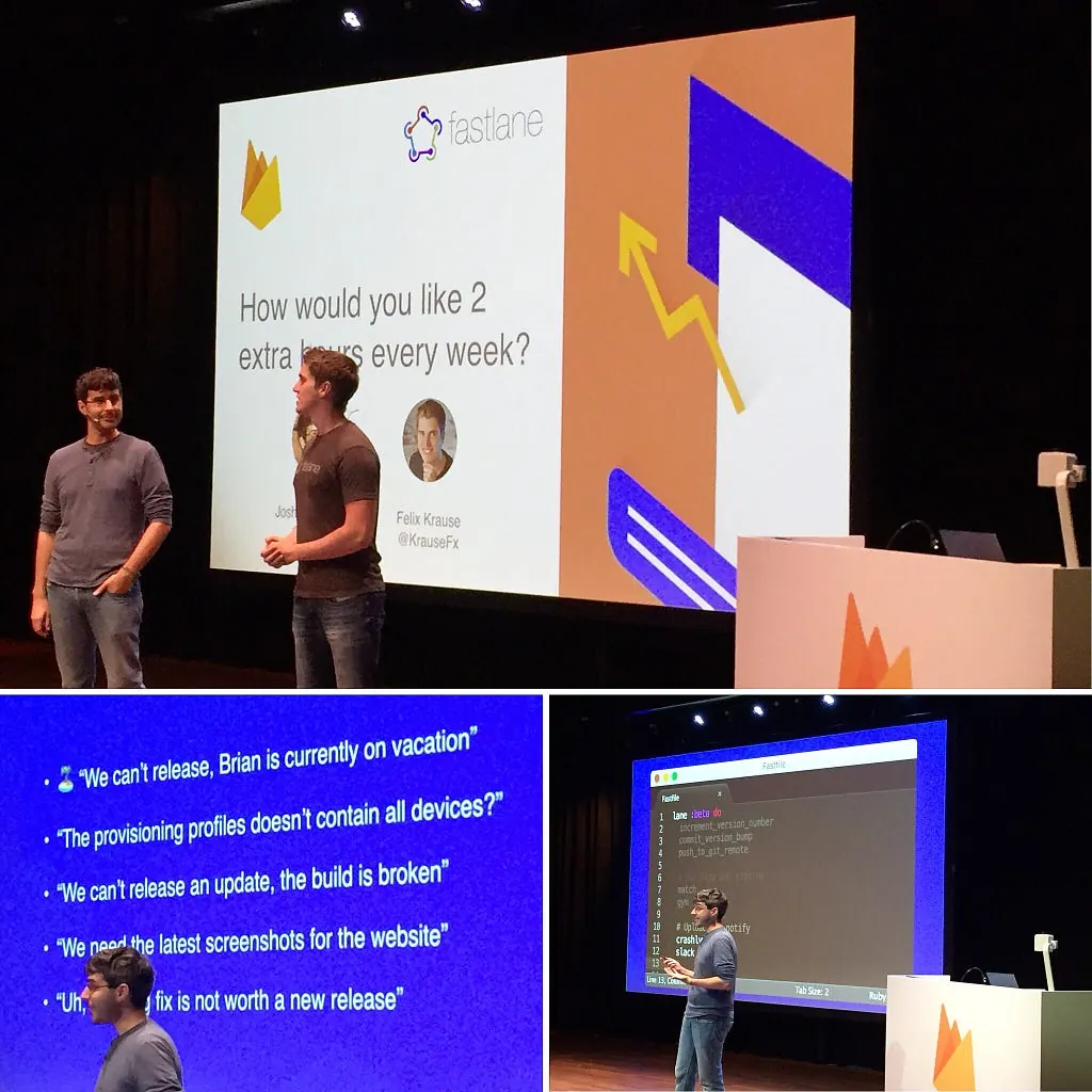 Collage of a fastlane talk asking “How would you like 2 extra hours every week?” next to a list of release-day excuses