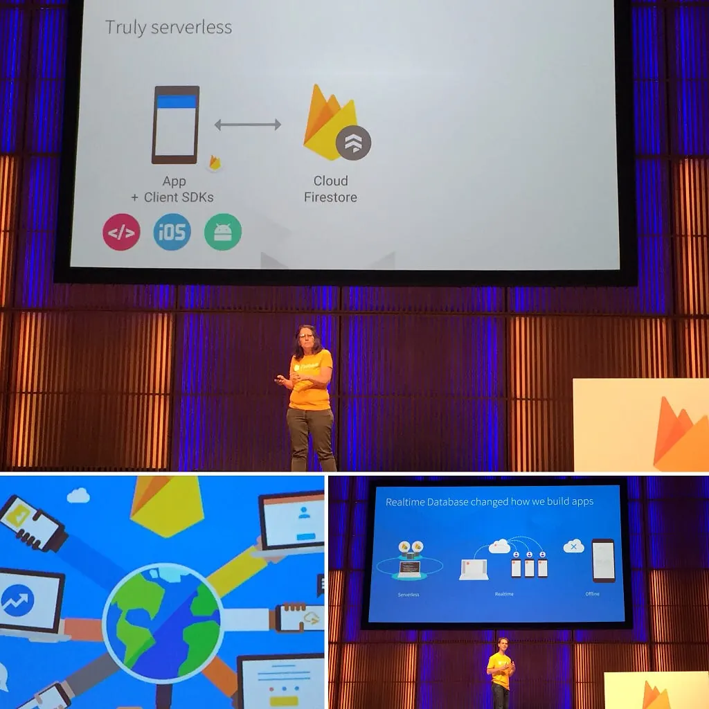 Collage of a serverless talk showing an app with client SDKs talking directly to Cloud Firestore