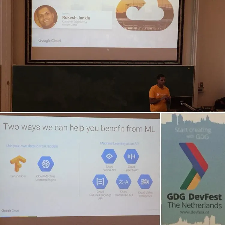 Collage of a Google Cloud machine learning talk, a slide on two ways to benefit from ML and the GDG DevFest Netherlands banner