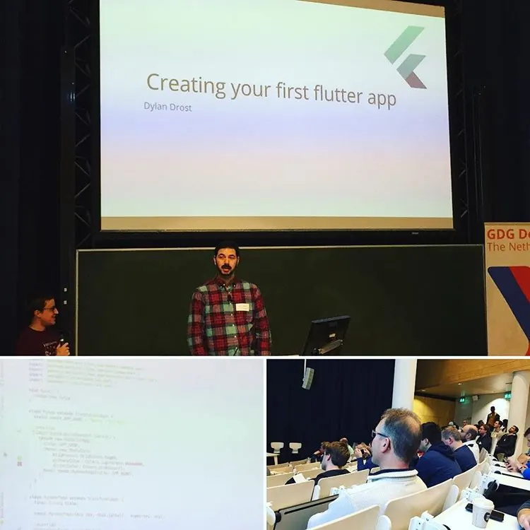 Collage of the “Creating your first flutter app” talk, a code slide and the audience