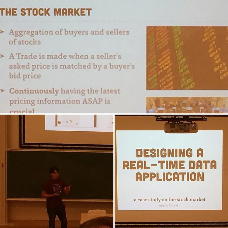 Collage of the BUX talk “Designing a real-time data application: a case study on the stock market” and its slide on how trades are matched