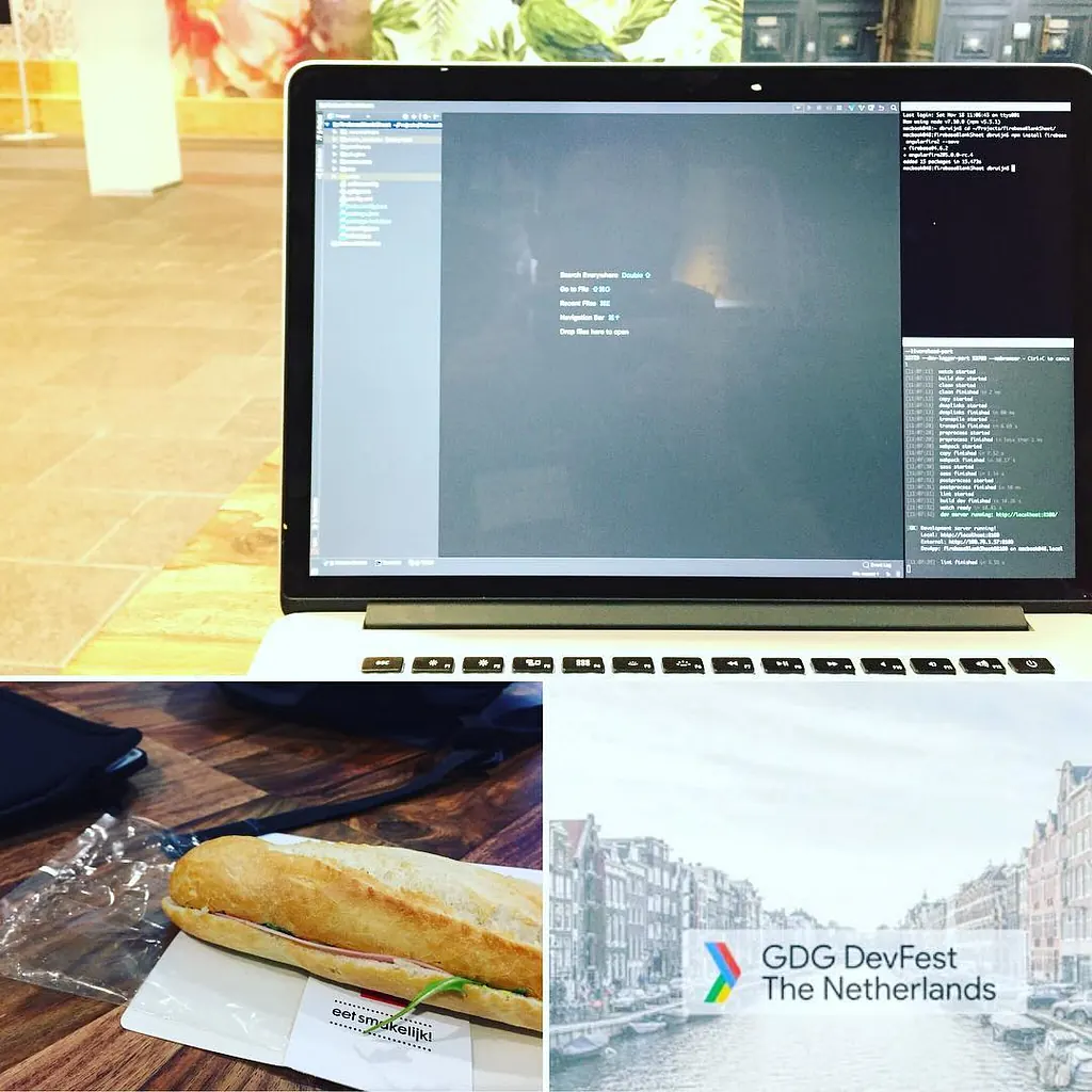 Collage of a laptop with code open, a sandwich lunch and the GDG DevFest Netherlands banner