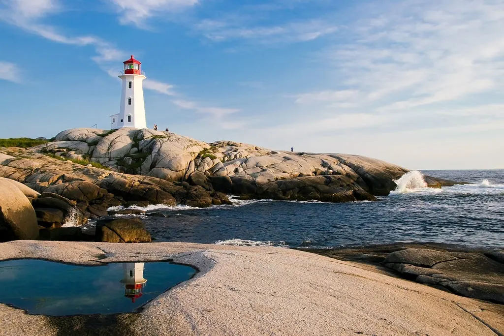 Lighthouse on a rocky coastline under a blue sky