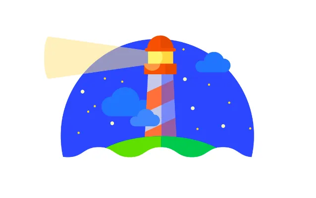 Google Lighthouse logo: a striped lighthouse under a starry night sky