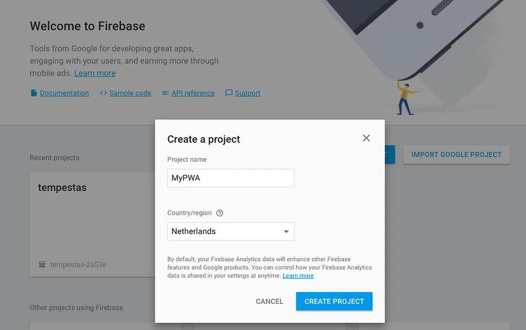 Firebase console Create a project dialog with the project name MyPWA and region Netherlands