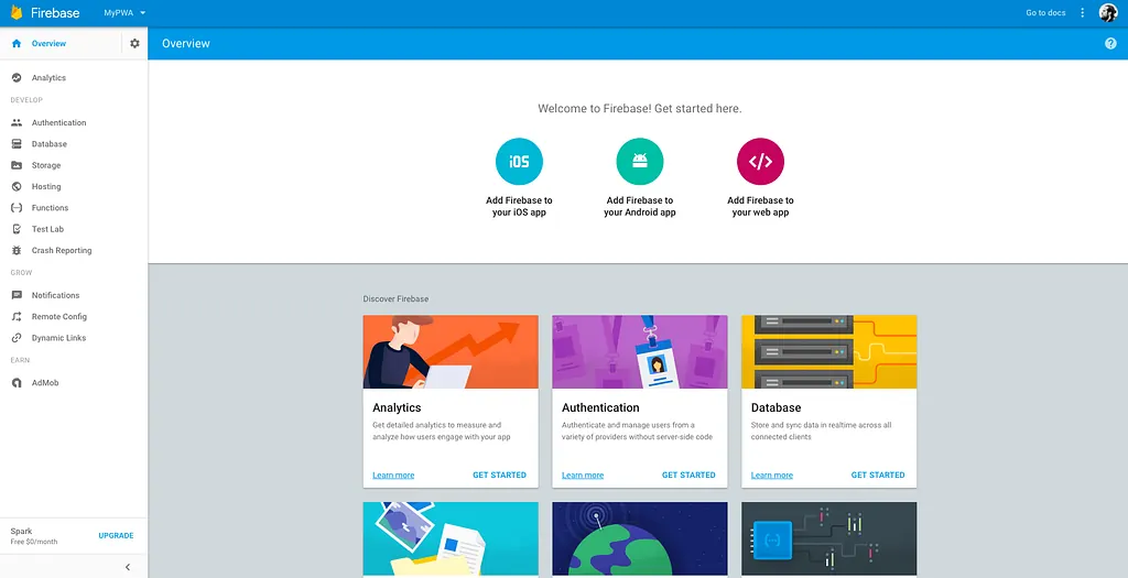 Firebase console overview of the new MyPWA project with options to add Firebase to iOS, Android and web apps