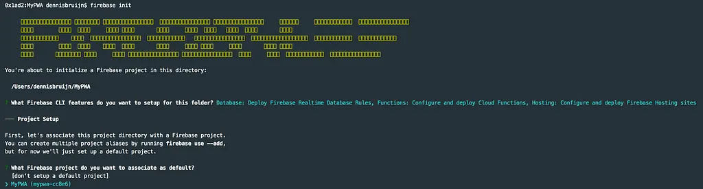 Terminal running firebase init and asking which Firebase features to set up