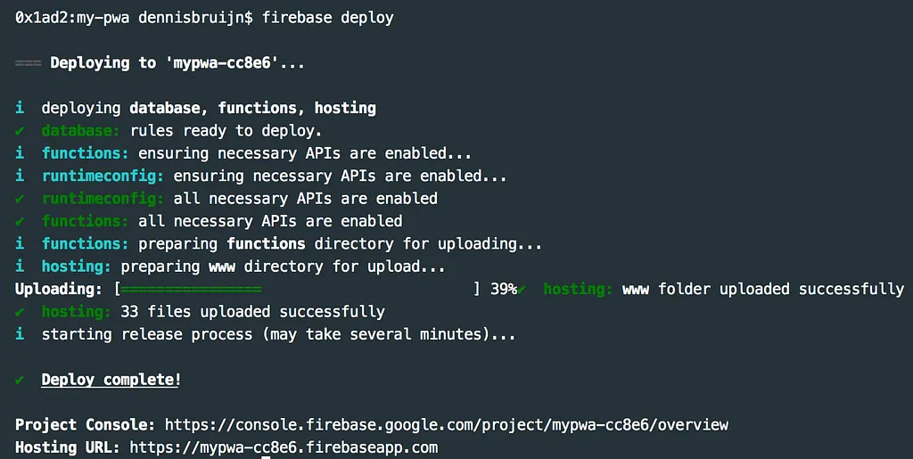 Terminal output of firebase deploy uploading 33 files from www and printing the hosting URL