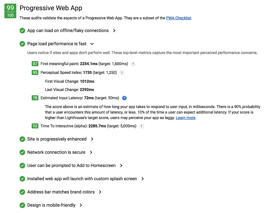 Lighthouse report scoring the deployed PWA 99 out of 100 with every progressive web app audit passing