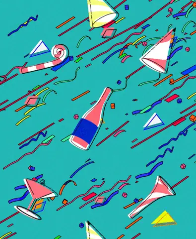 Animated illustration of confetti, party hats and champagne bottles