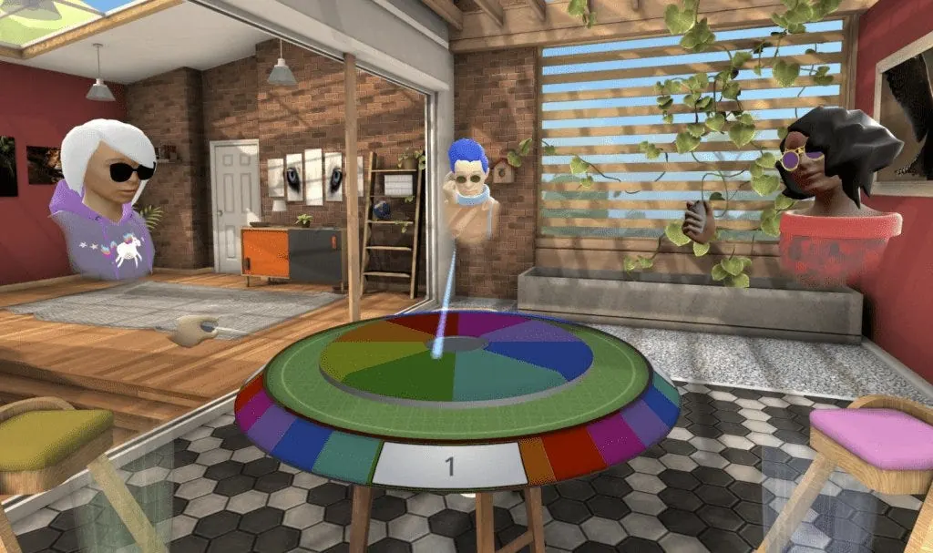 Avatars gathered around a colourful board game table in a networked React VR room