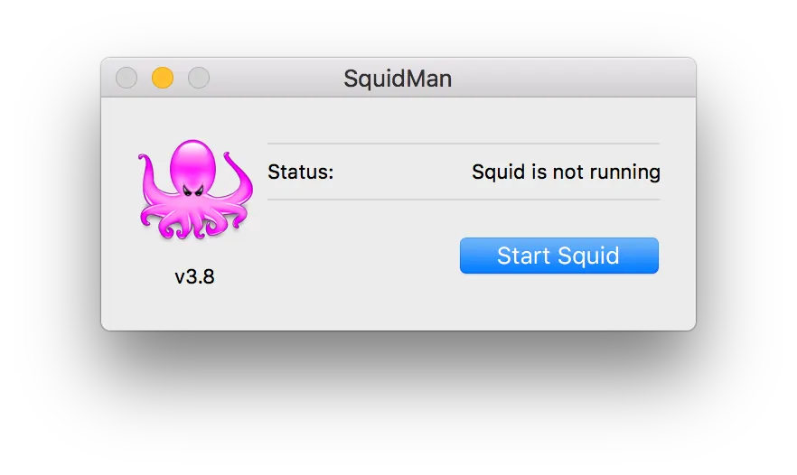 SquidMan 3.8 window showing “Squid is not running” and a Start Squid button