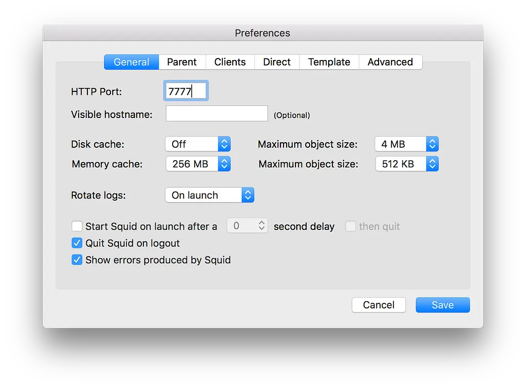 SquidMan General preferences with the HTTP port set to 7777