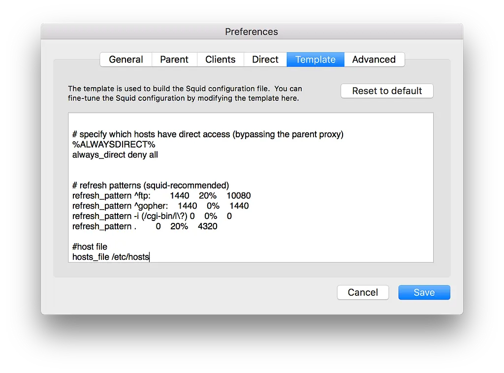 SquidMan Template preferences with hosts_file /etc/hosts added at the end of the Squid configuration