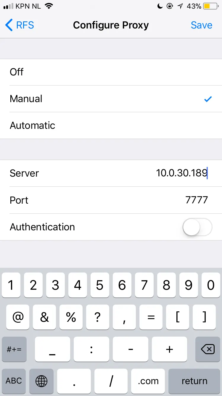 iPhone Configure Proxy screen set to Manual with server 10.0.30.189 and port 7777