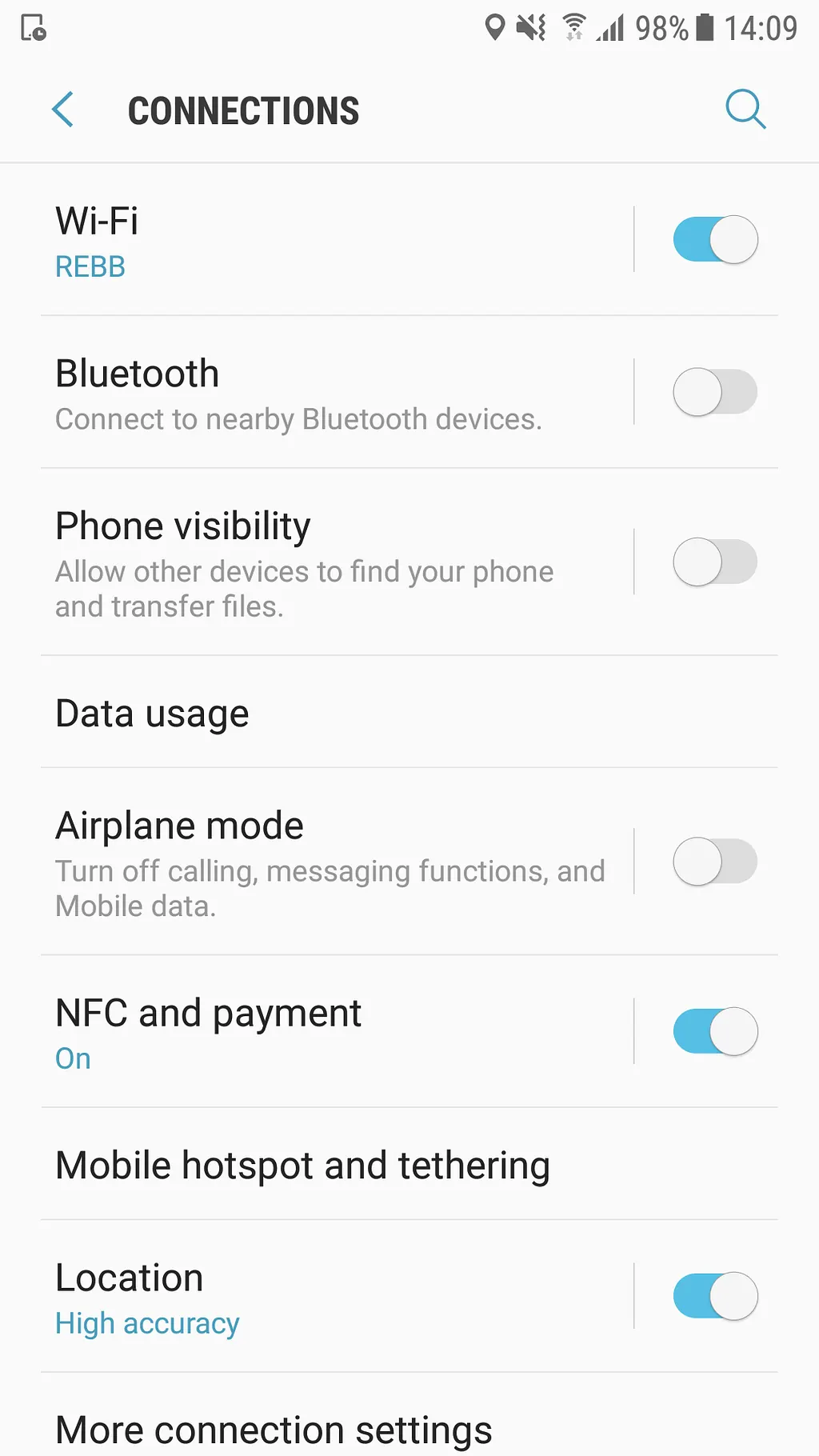 Android Connections settings with Wi-Fi turned on