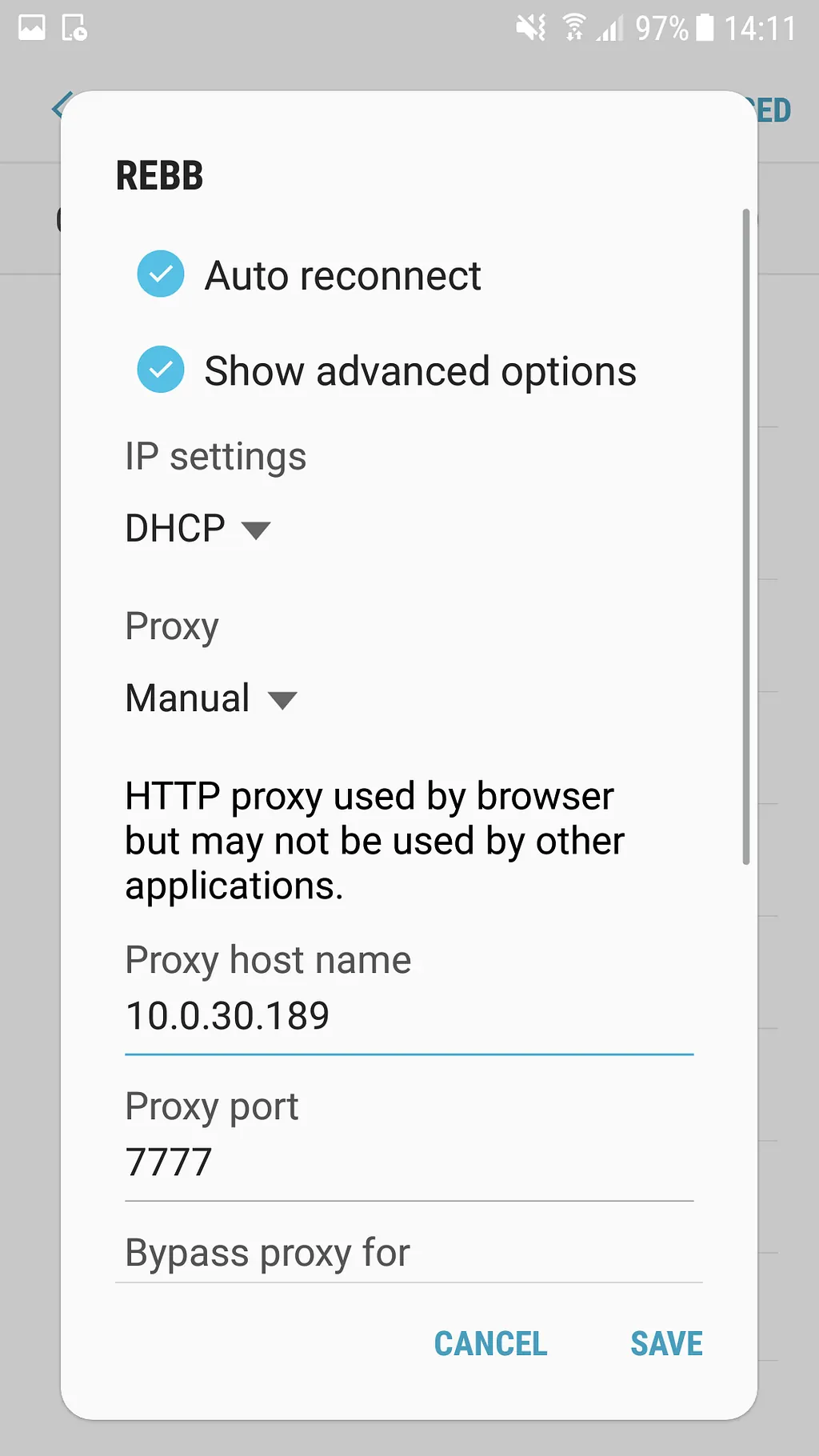 Android network dialog with advanced options shown, proxy set to Manual, host 10.0.30.189 and port 7777