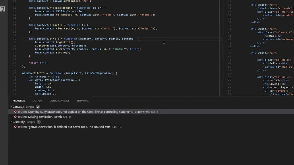 ESLint problems panel in VS Code listing lint errors for the open files