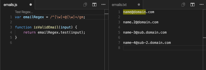 Regex Previewer highlighting matches of an email regular expression in a side-by-side sample file