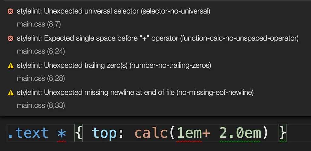 Stylelint warnings for a CSS rule with a universal selector, an unspaced calc operator and trailing zeros