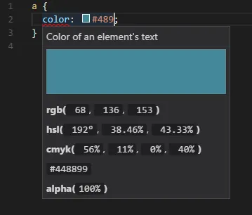 Color Info hover showing a colour swatch with its RGB, HSL, CMYK, hex and alpha values